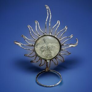 Celestial Glass Sun Face Metal Sunburst Handblown Candle Holder Votive Vintage